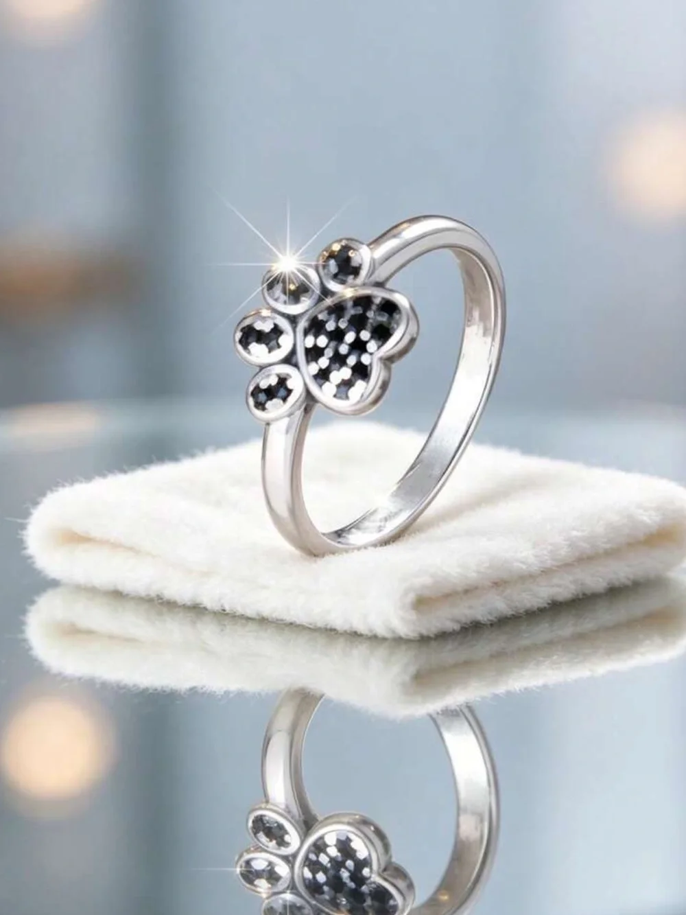 Black Rhinestone Paw Print Ring